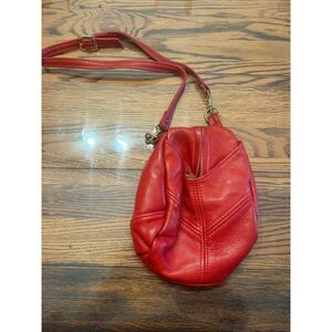 Overland Leather Center Zipper Purse Handbag Crossbody Droplet Bag Red Small